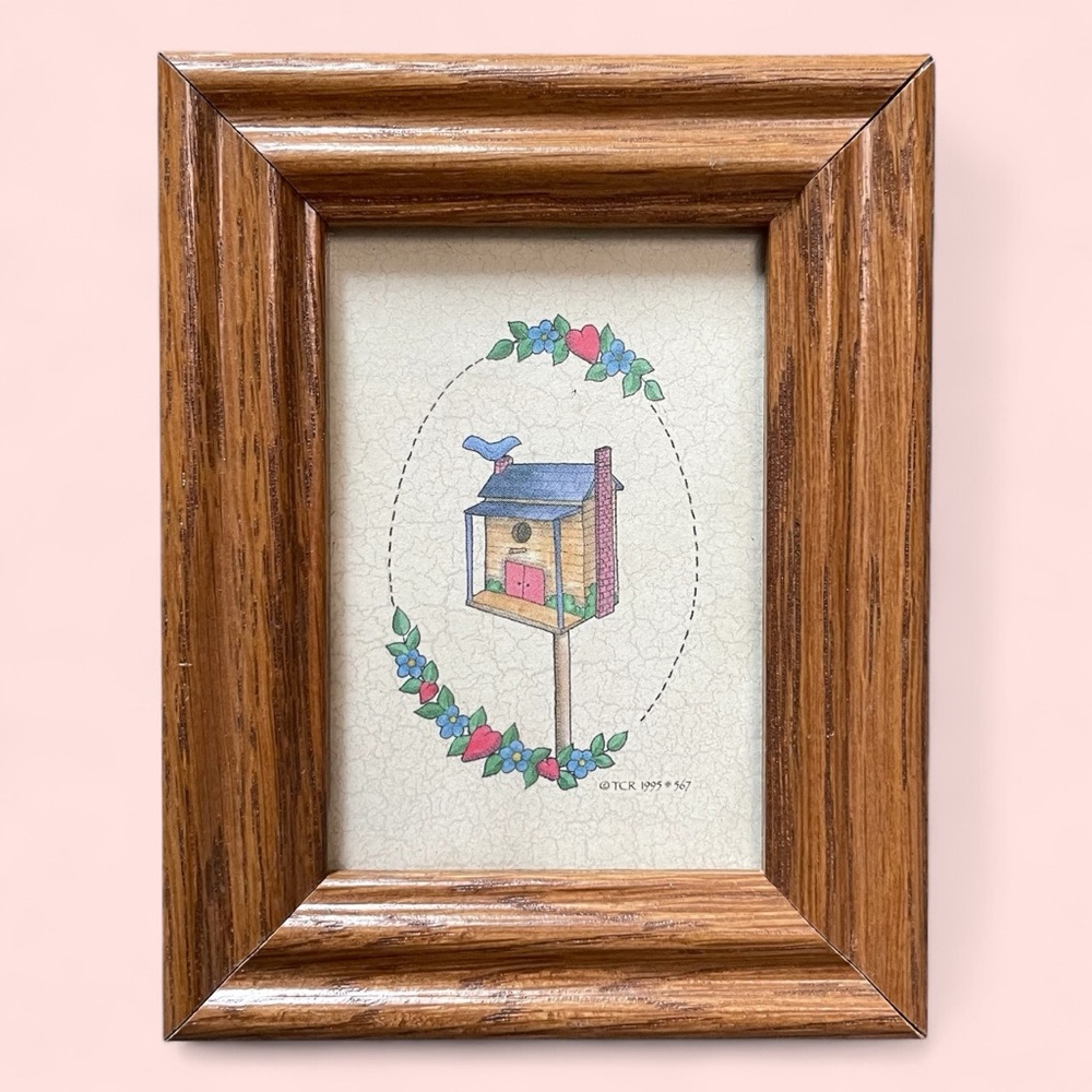 Cutest vintage 90’s little miniature cottage core framed birdhouse picture